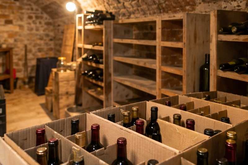 Bouteilles de la cave en cartons : chantier Rue aux Reliques
