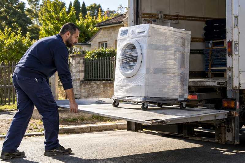 Hayon abaissé avec un lave-linge : chantier Rue aux Maigres