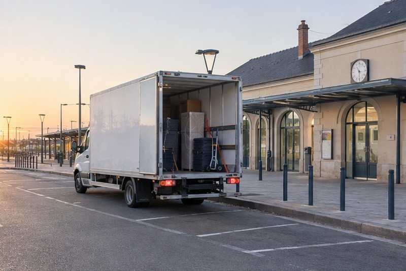 Arrêt du camion devant une gare au calme : chantier Rue Boudry