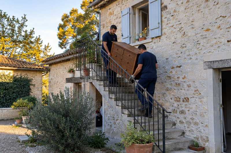Escalier extérieur d’une grange aménagée : chantier Rue de Faremoutiers