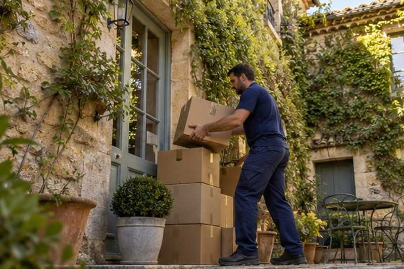 Cartons groupés près d’un mur de lierre : chantier Rue de l’Abbaye