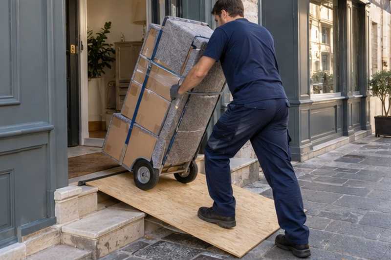 Planche posée pour franchir deux marches : chantier Rue aux Loups