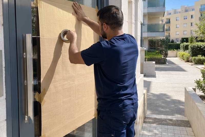 Vitre de porte protégée par du carton : chantier Rue Blin