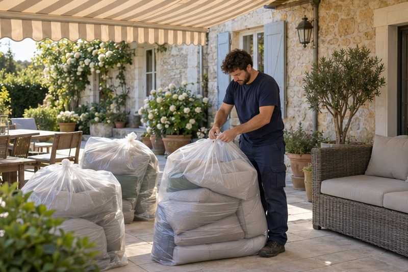 Coussins de salon de jardin ensachés : chantier Hameau de Champauger