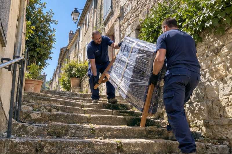 Table tournée dans une venelle pentue : chantier Rue de la Cave
