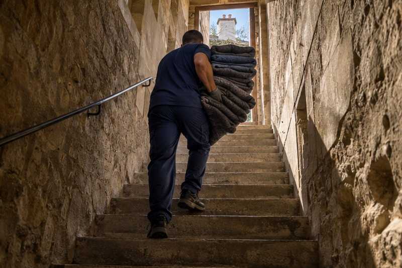 Escalier de service étroit : chantier Rue Armand Charnay