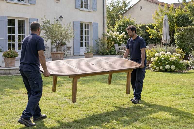 Table en teck portée sur la pelouse : chantier Grande Rue
