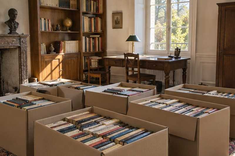 Livres couchés en cartons d’archives