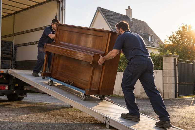 Piano monté par la rampe du camion : chantier Rue Daniel Ferry