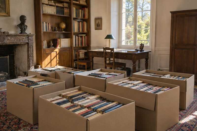 Livres couchés en cartons d’archives