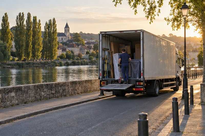 Camion le long d’un quai de rivière : chantier Rue Alexandre Dumas