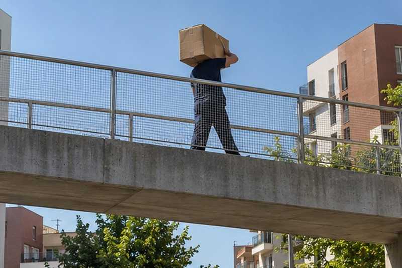 Carton porté sur une passerelle : chantier Rue Aimé Césaire