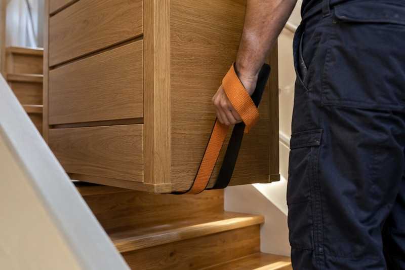 Sangle de portage sous une commode : chantier Rue Chamaillard