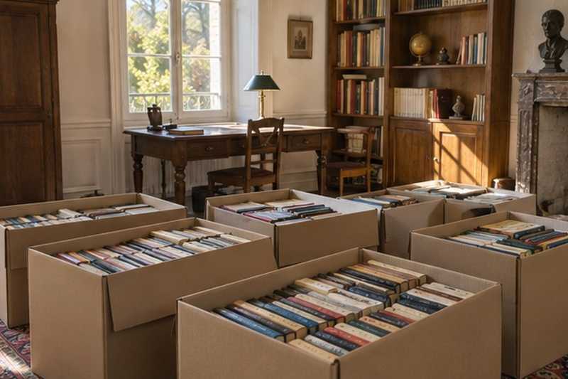 Livres couchés en cartons d’archives