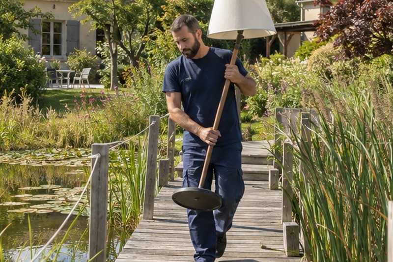 Caillebotis au bord d’un étang : chantier Rue de l’Angélus