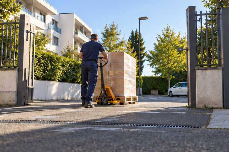 Transpalette au portail du parking : chantier Rue de l’Égalité