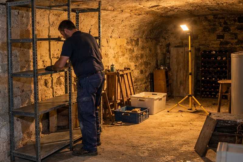 Étagère métallique démontée en cave : chantier Rue de la Gare