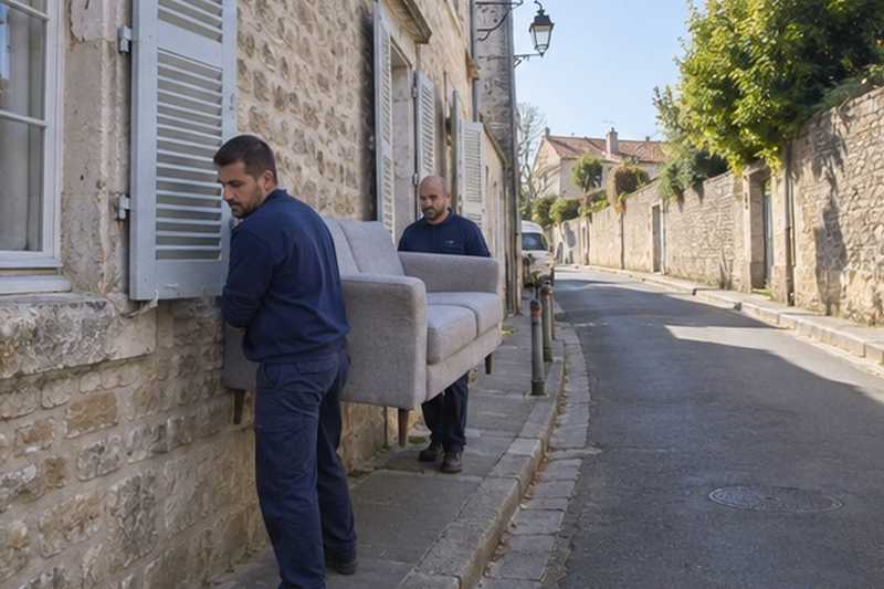 Canapé sur un trottoir étroit : chantier Rue de la Marnière