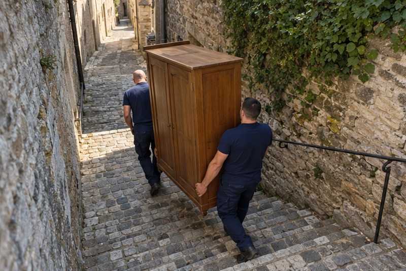 Armoire portée dans une ruelle en côte : chantier Rue Albert Henri