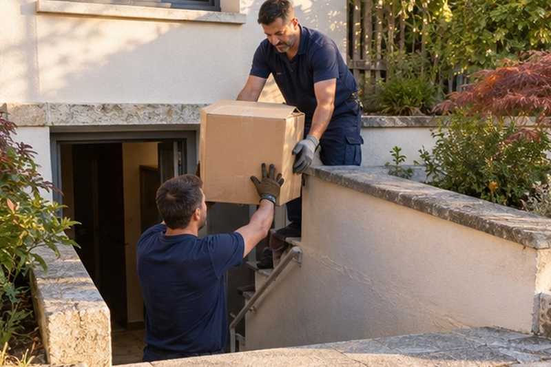 Chaîne de cartons sur des marches : chantier Rue de la Butte