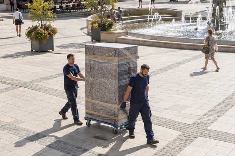 Armoire roulée sur une place piétonne