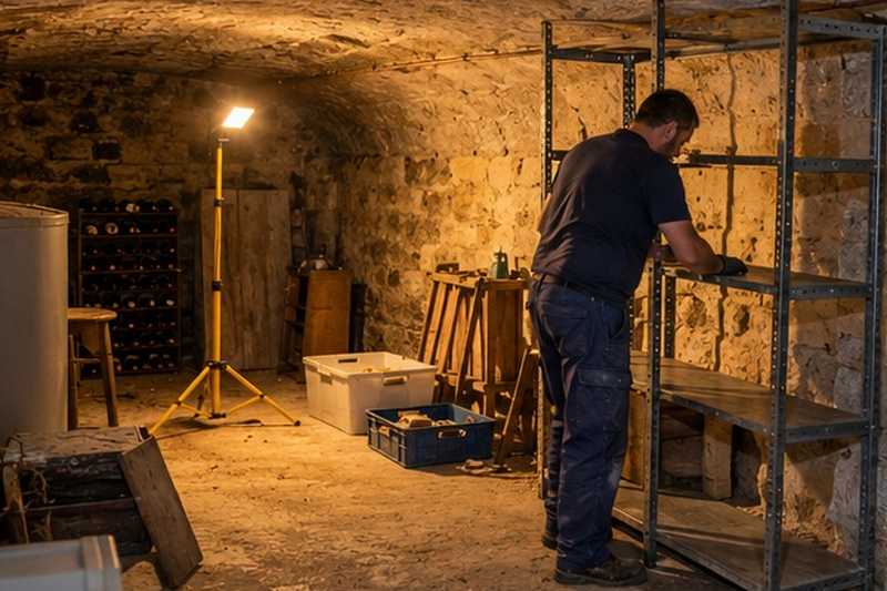 Étagère métallique démontée en cave : chantier Rue Adolphe Besson