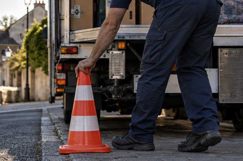 Cône posé près de la porte arrière : chantier Rue Alfred Sisley