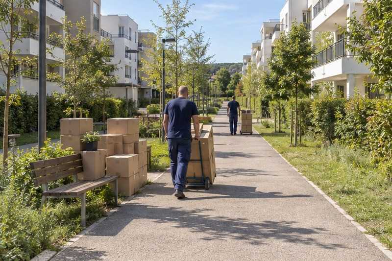 Navette de cartons sur une longue allée : chantier Rue Alice et Jean Lafont