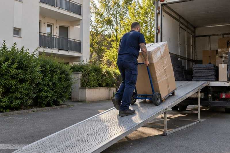 Rampe de chargement accrochée au camion : chantier Rue d’Orsonville