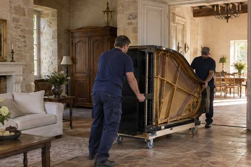 Piano à queue roulé vers la double porte : chantier Rue de la Fontaine Rouge