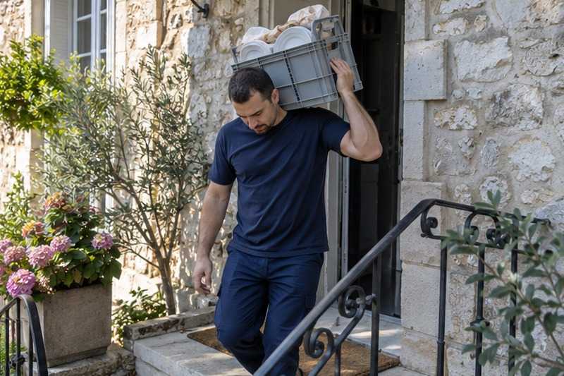 Caisse de vaisselle sur un perron : chantier Rue de la Galmy