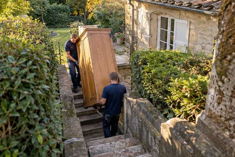 Bas d’armoire dans un escalier de jardin : chantier Rue Alice Saprich