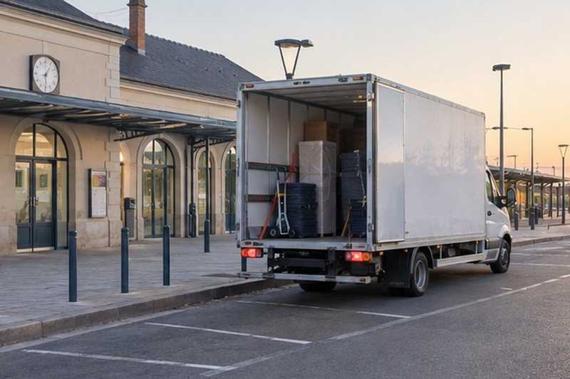 Arrêt du camion devant une gare au calme : chantier Rue César Franck