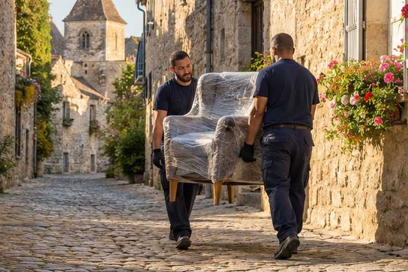 Chaise portée dans une ruelle pavée