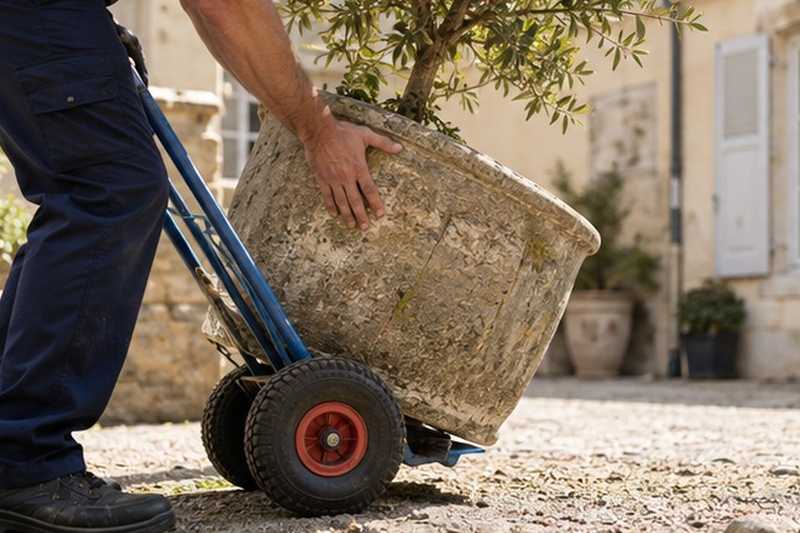 Pot en pierre sur chariot : chantier Rue Bengel