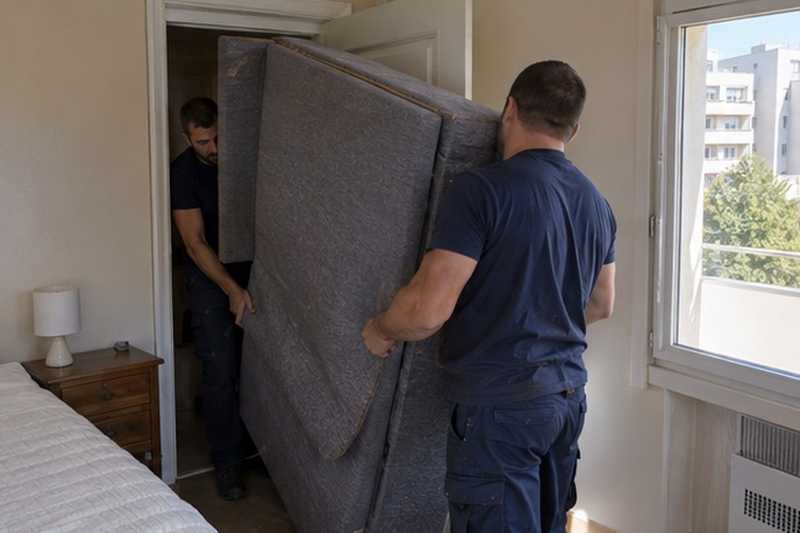 Canapé pivoté dans une porte étroite : chantier Rue Berthault