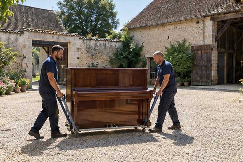 Piano porté dans une cour de ferme : chantier Rue Alexander Fleming
