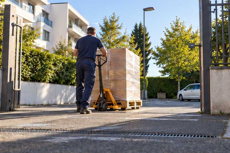 Transpalette au portail du parking : chantier Rue du Proconsul