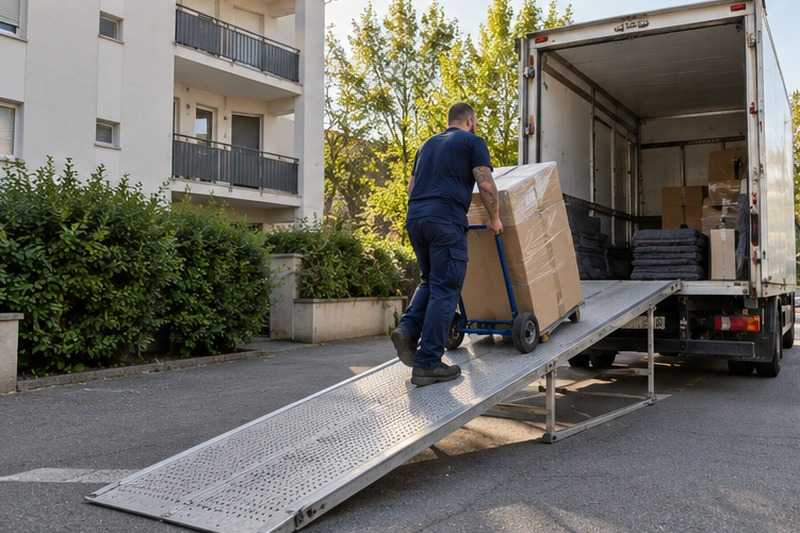 Rampe de chargement accrochée au camion : chantier Rue de l’Oustal