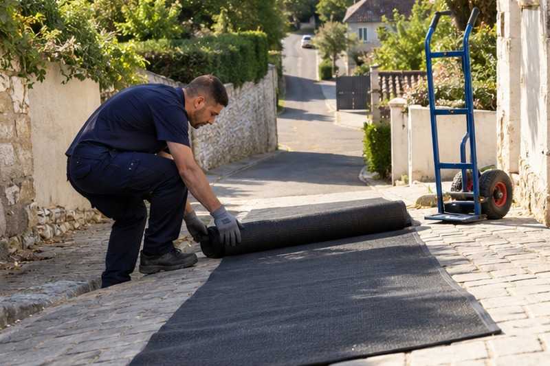 Tapis antidérapant sur une allée en pente : chantier Rue Auguste Rodin