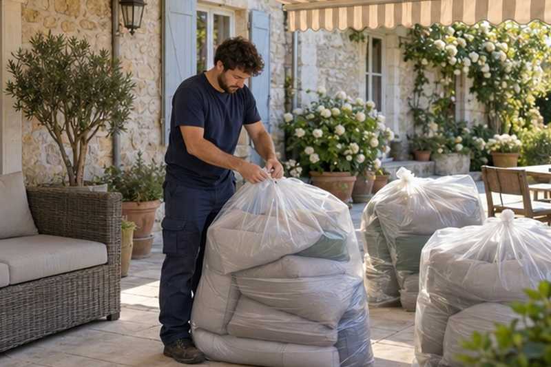 Coussins de salon de jardin ensachés : chantier Cour Albert Jugon