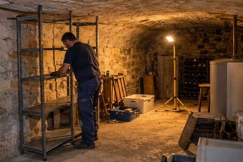 Étagère métallique démontée en cave : chantier Rue Altmann