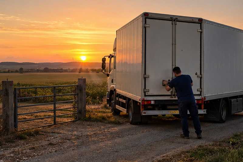 Camion fermé au coucher du soleil : chantier Rue Ambroise Croizat