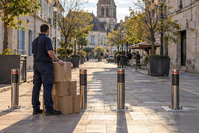 Attente aux bornes de la zone piétonne : chantier Rue Belle Angevine