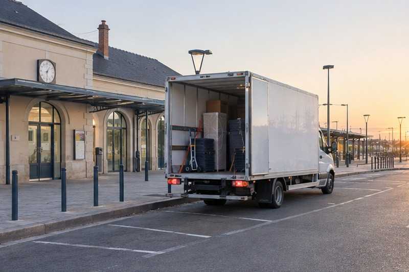 Arrêt du camion devant une gare au calme : chantier Rue Bourbon Condé