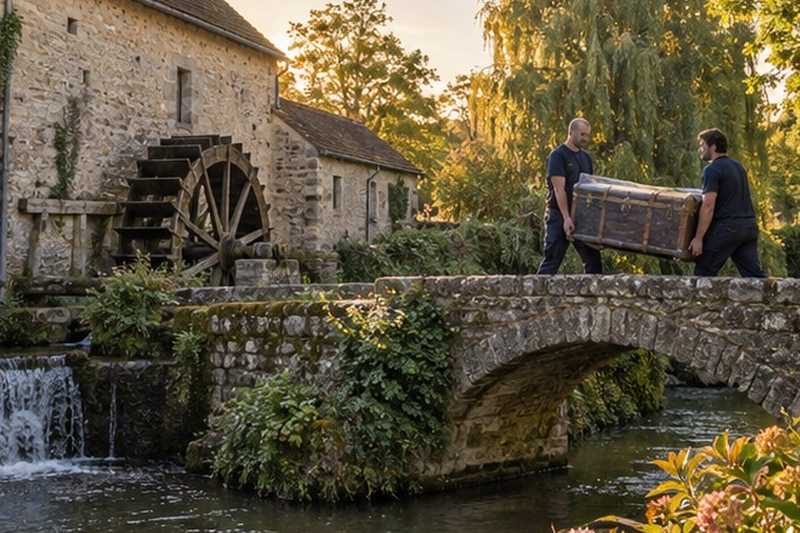 Malle portée dans la cour d’un moulin : chantier Rue Clément Brevard