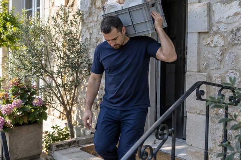 Caisse de vaisselle sur un perron : chantier Rue Bertin