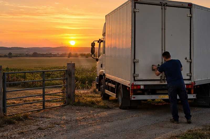 Camion fermé au coucher du soleil : chantier Rue Aux Juifs