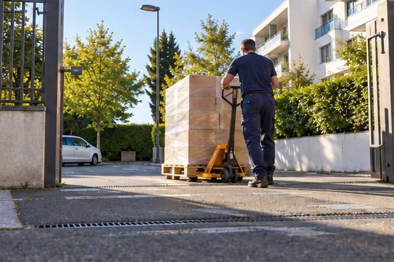 Transpalette au portail du parking : chantier Rue Belle Joséphine