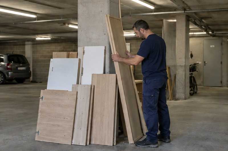 Éléments d’armoire contre un pilier : chantier Studio au deuxième